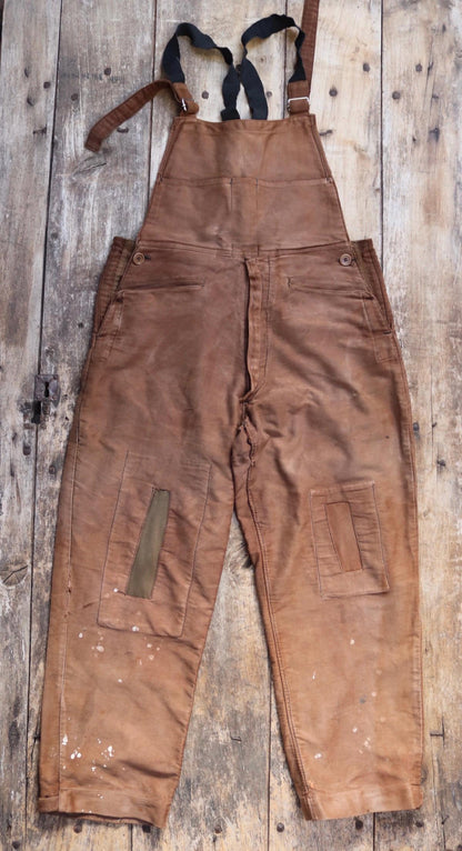 Vintage 1940s Le Mont St Michel overalls - buckle back - repaired and darned - brown moleskin - French workwear dungarees - 38 x 28”