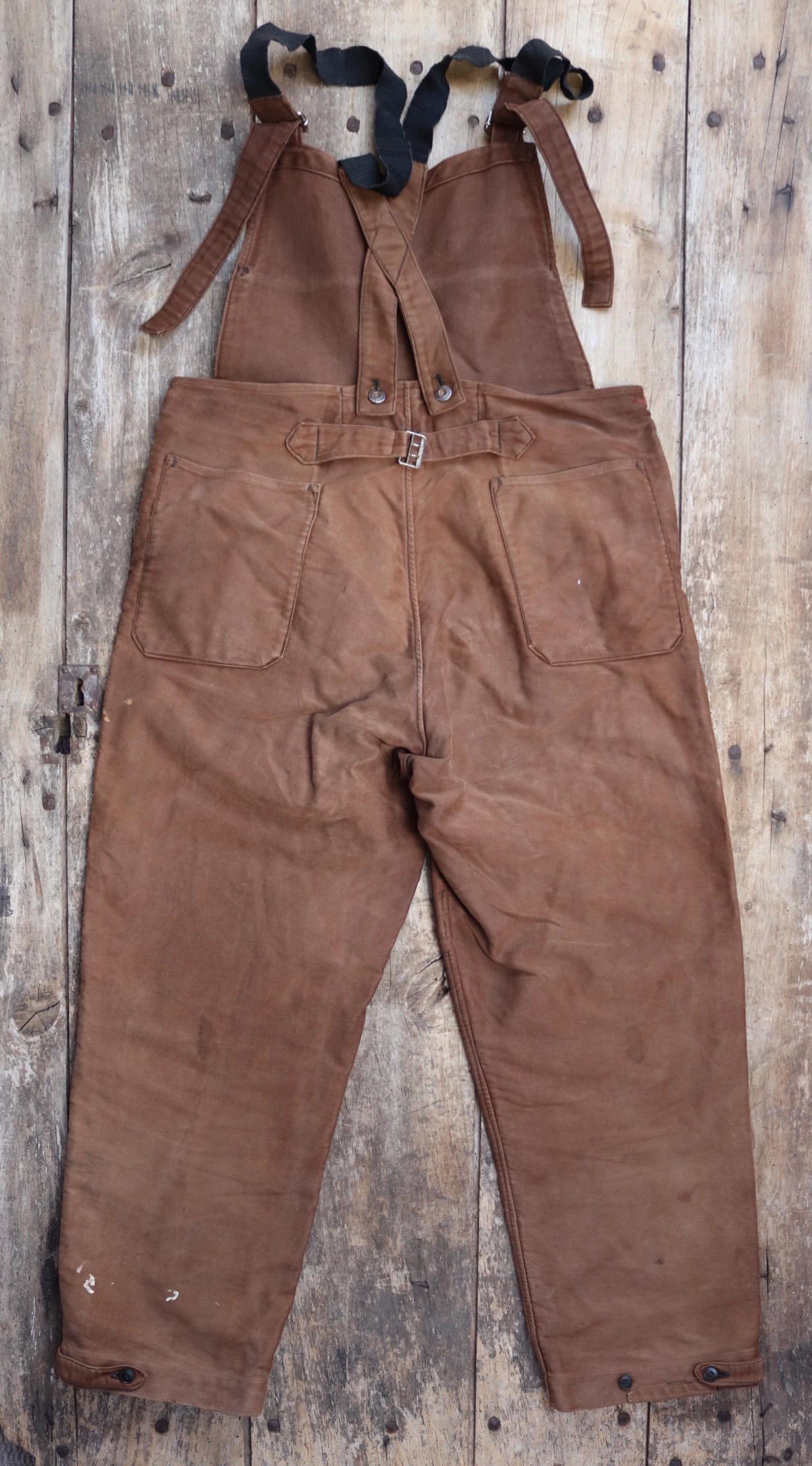 Vintage 1940s Le Mont St Michel overalls - buckle back - repaired and darned - brown moleskin - French workwear dungarees - 38 x 28”