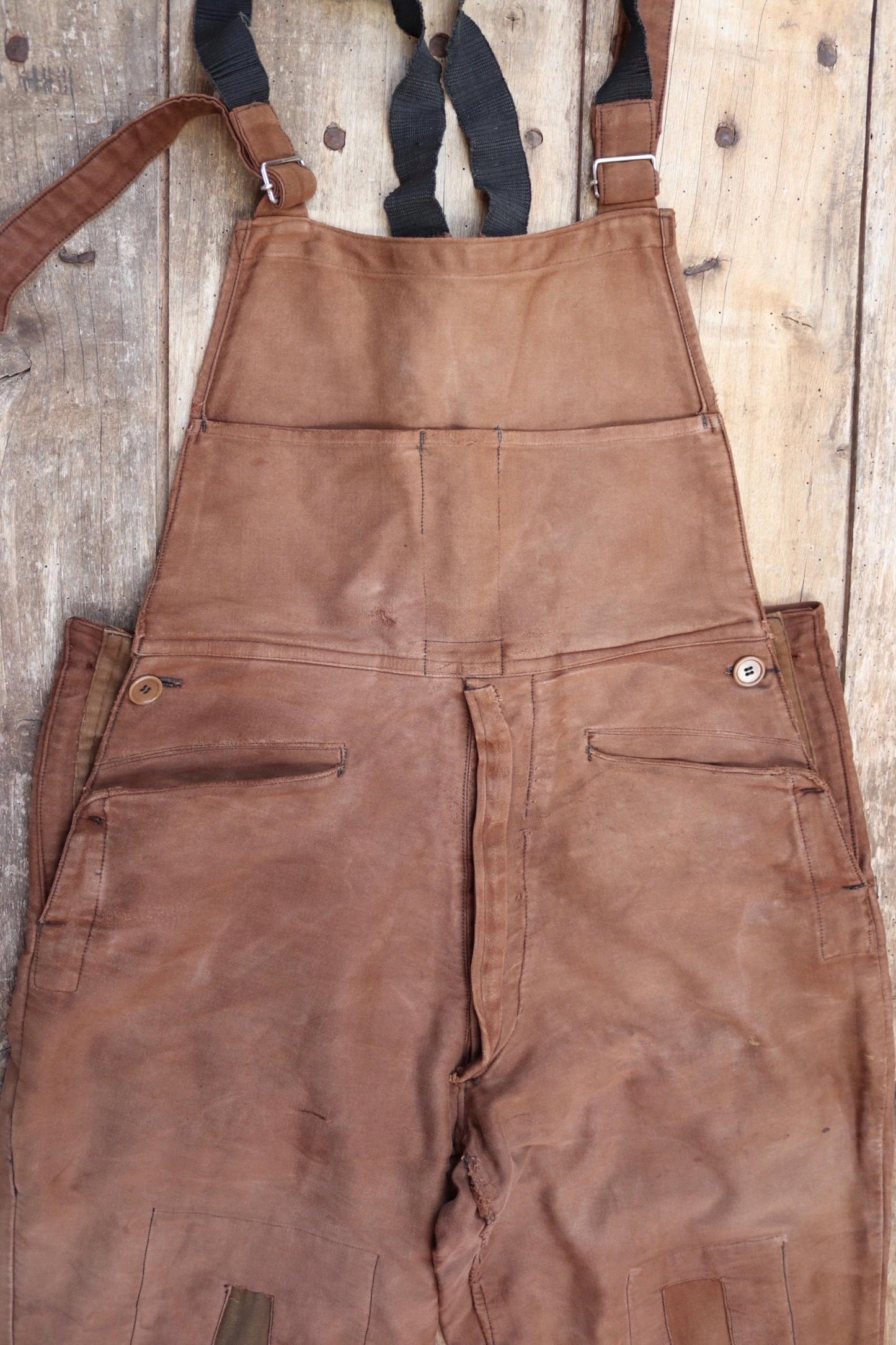 Vintage 1940s Le Mont St Michel overalls - buckle back - repaired and darned - brown moleskin - French workwear dungarees - 38 x 28”