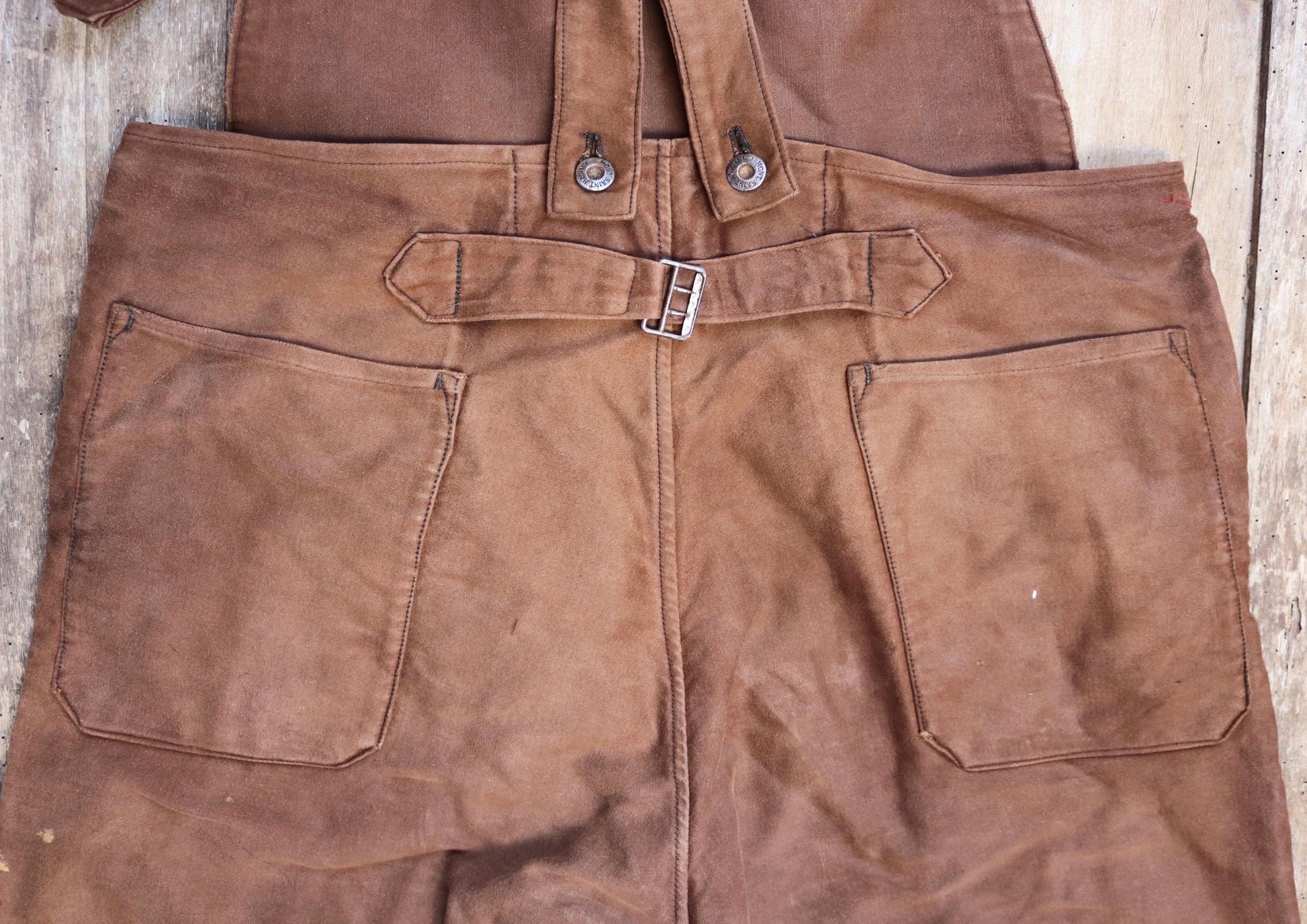 Vintage 1940s Le Mont St Michel overalls - buckle back - repaired and darned - brown moleskin - French workwear dungarees - 38 x 28”