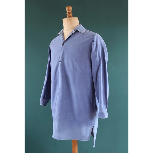 Vintage 1940s French workwear shirt - faded blue cotton - darned and repaired - 44” chest