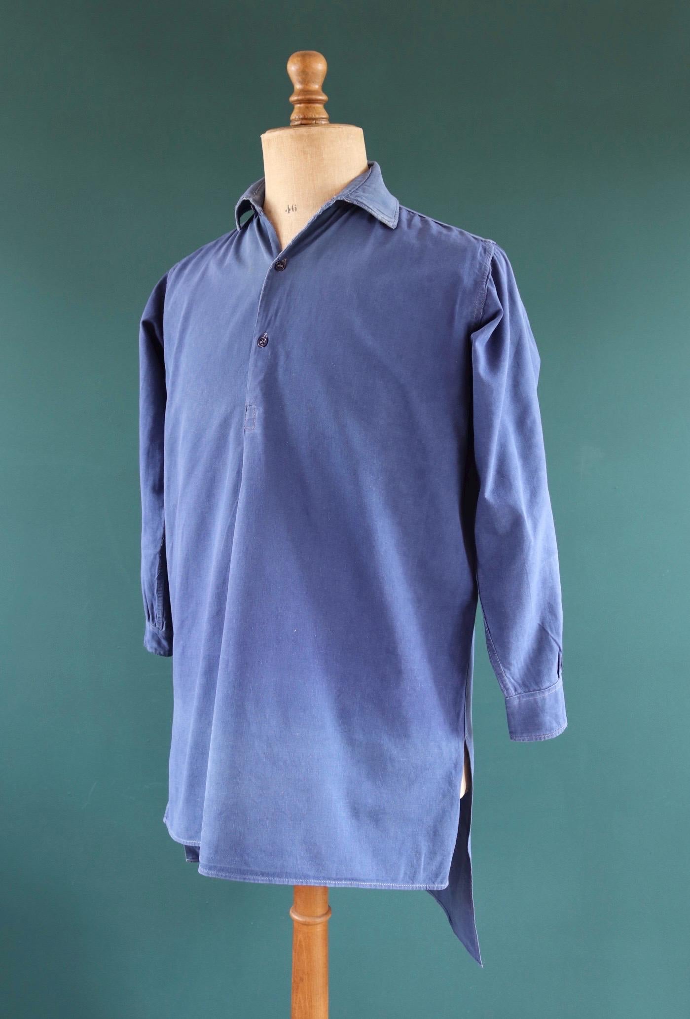 Vintage 1940s French workwear shirt - faded blue cotton - darned and repaired - 44” chest