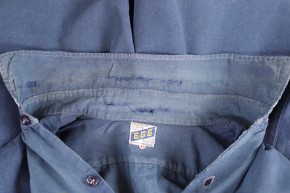 Vintage 1940s French workwear shirt - faded blue cotton - darned and repaired - 44” chest