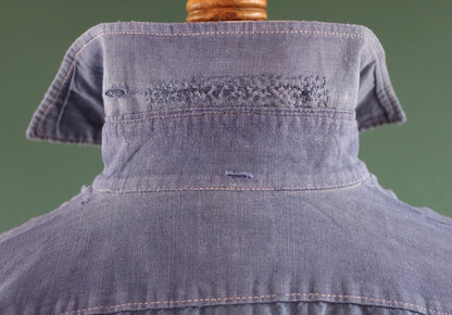 Vintage 1940s French workwear shirt - faded blue cotton - darned and repaired - 44” chest