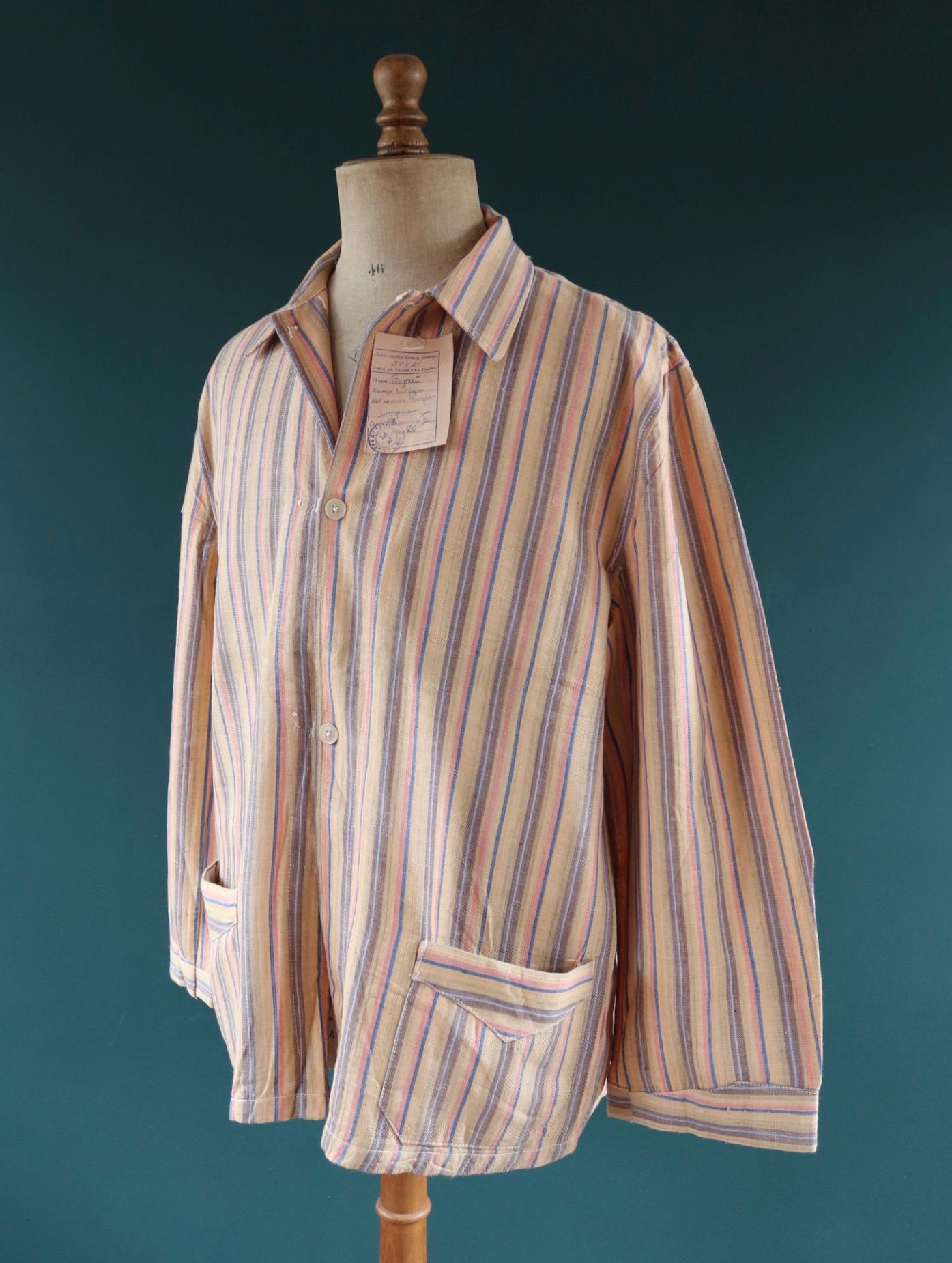 Vintage 1950s deadstock pyjama shirt - striped cotton Bulgarian jacket - 46” chest