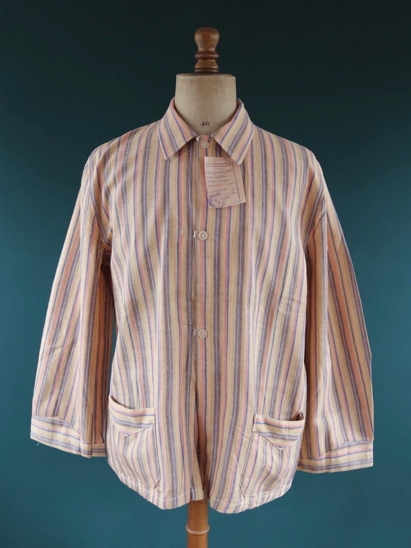 Vintage 1950s deadstock pyjama shirt - striped cotton Bulgarian jacket - 46” chest