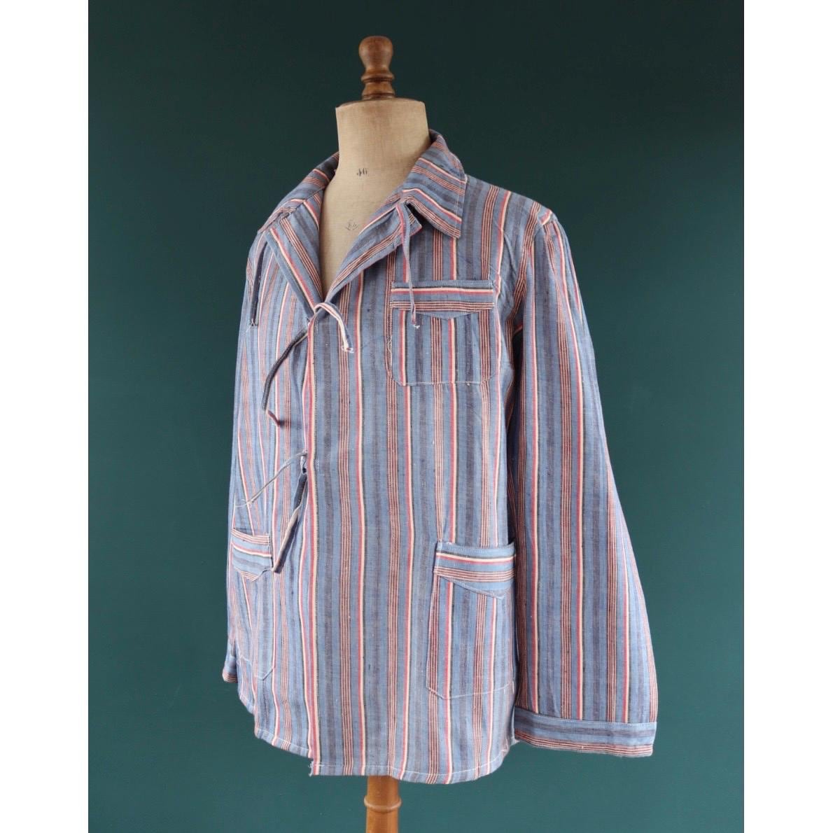 Vintage 1950s deadstock pyjama shirt - striped cotton Bulgarian jacket - 45” chest