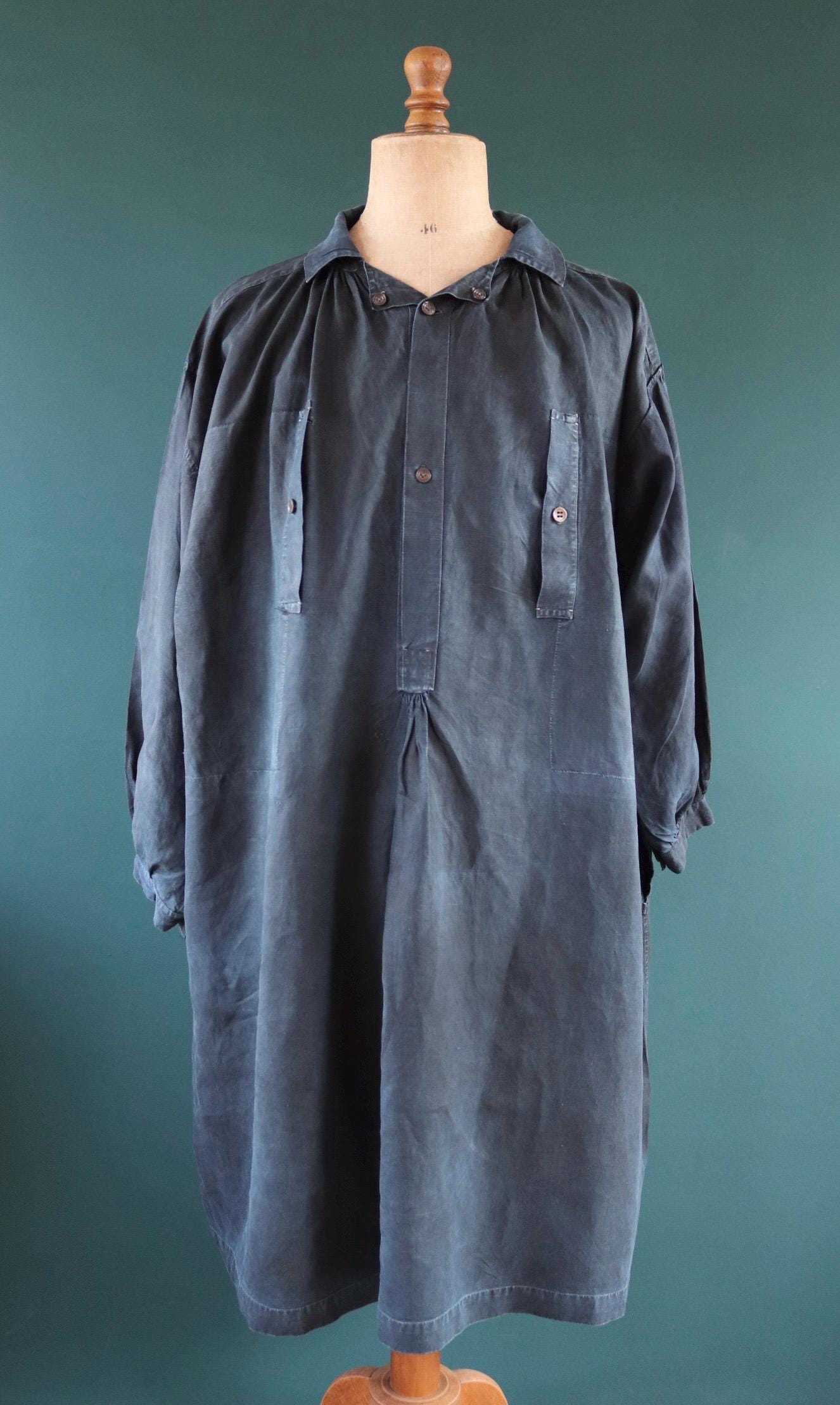 Antique 1900s French indigo biaude - linen workwear smock - 64" chest