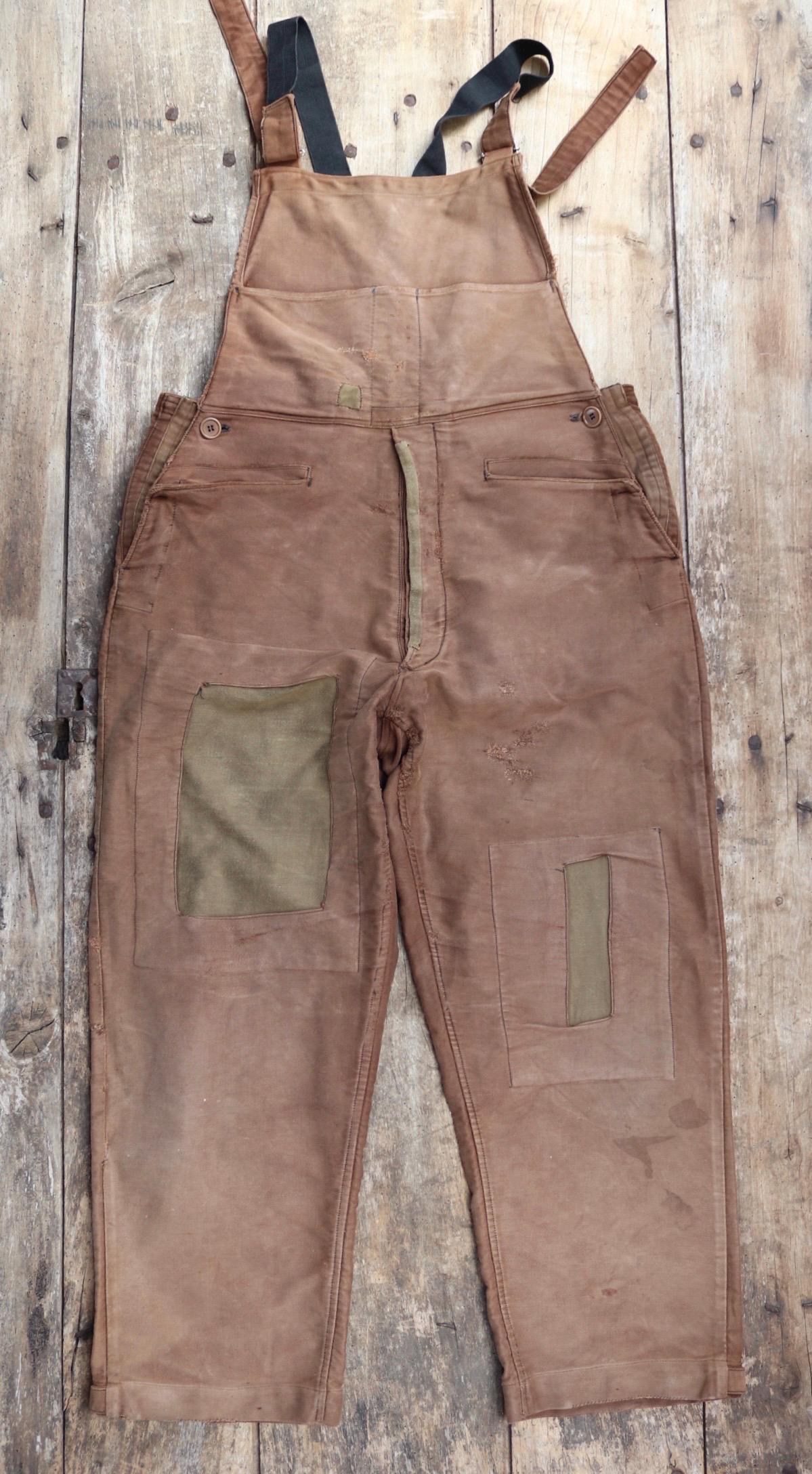 Vintage 1940s Le Mont St Michel overalls - buckle back - repaired and darned - brown moleskin - French workwear dungarees - 38 x 27”