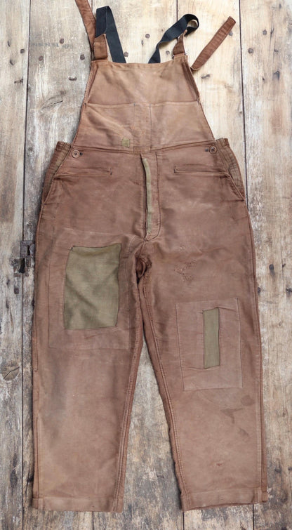 Vintage 1940s Le Mont St Michel overalls - buckle back - repaired and darned - brown moleskin - French workwear dungarees - 38 x 27”