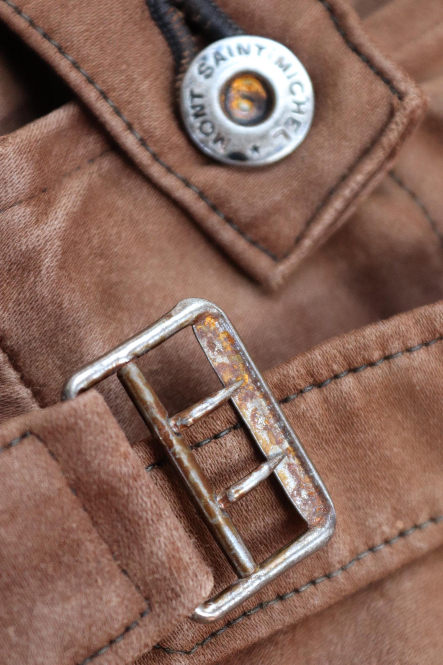 Vintage 1940s Le Mont St Michel overalls - buckle back - repaired and darned - brown moleskin - French workwear dungarees - 38 x 27”
