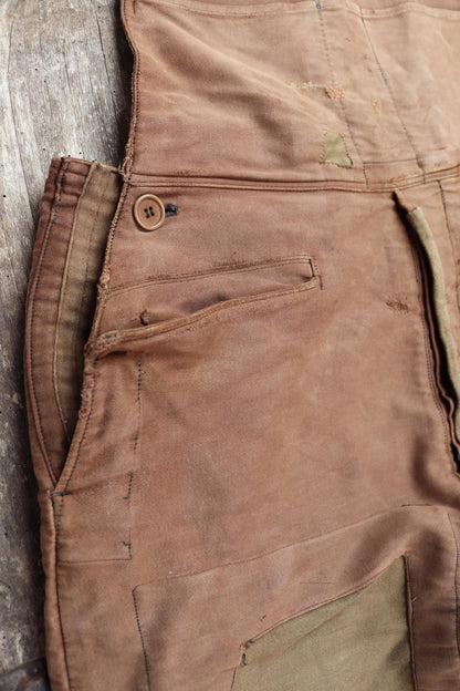 Vintage 1940s Le Mont St Michel overalls - buckle back - repaired and darned - brown moleskin - French workwear dungarees - 38 x 27”