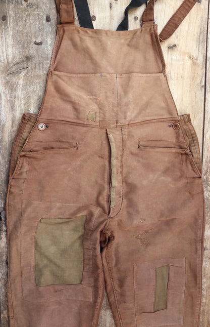 Vintage 1940s Le Mont St Michel overalls - buckle back - repaired and darned - brown moleskin - French workwear dungarees - 38 x 27”