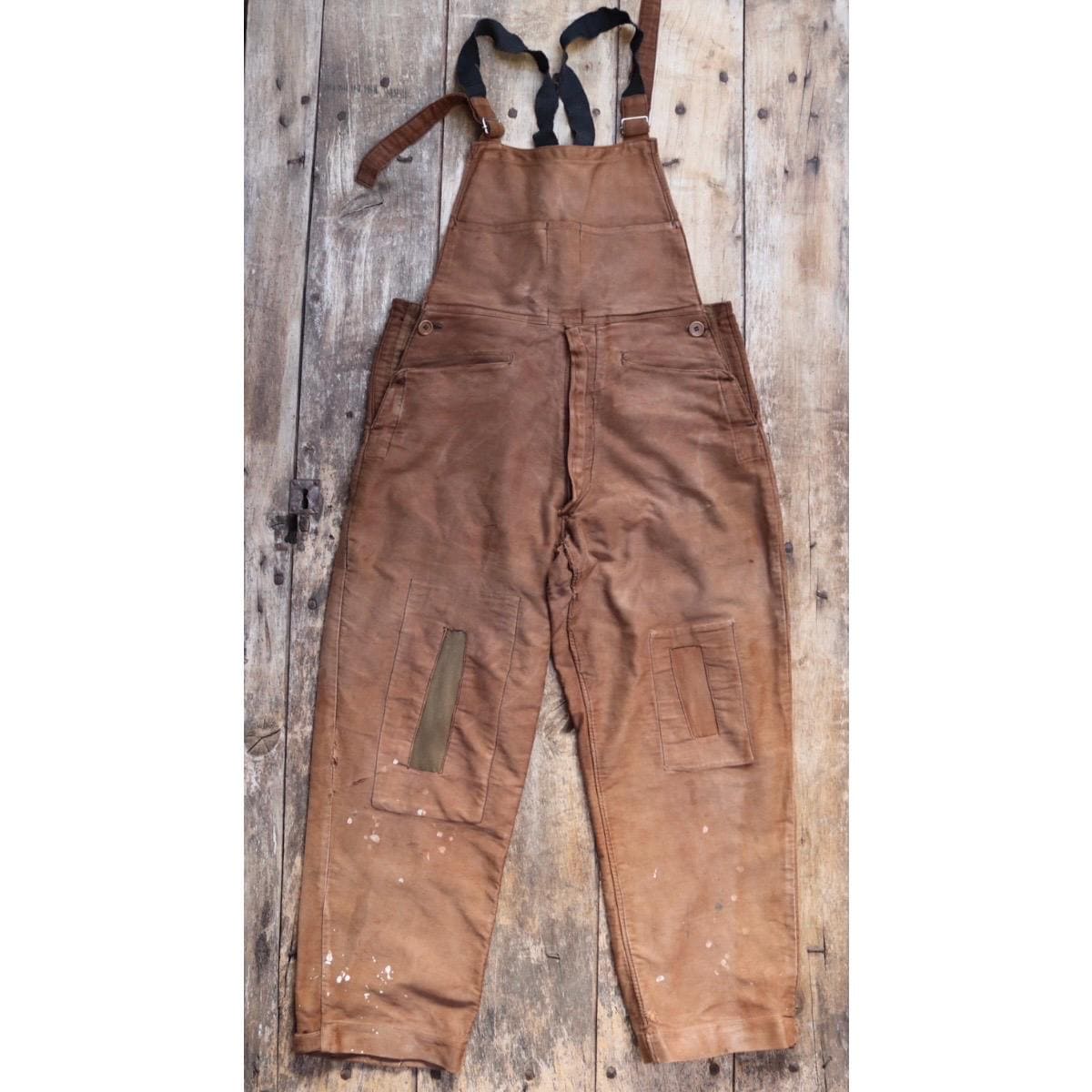 Vintage 1940s Le Mont St Michel overalls - buckle back - repaired and darned - brown moleskin - French workwear dungarees - 38 x 28”
