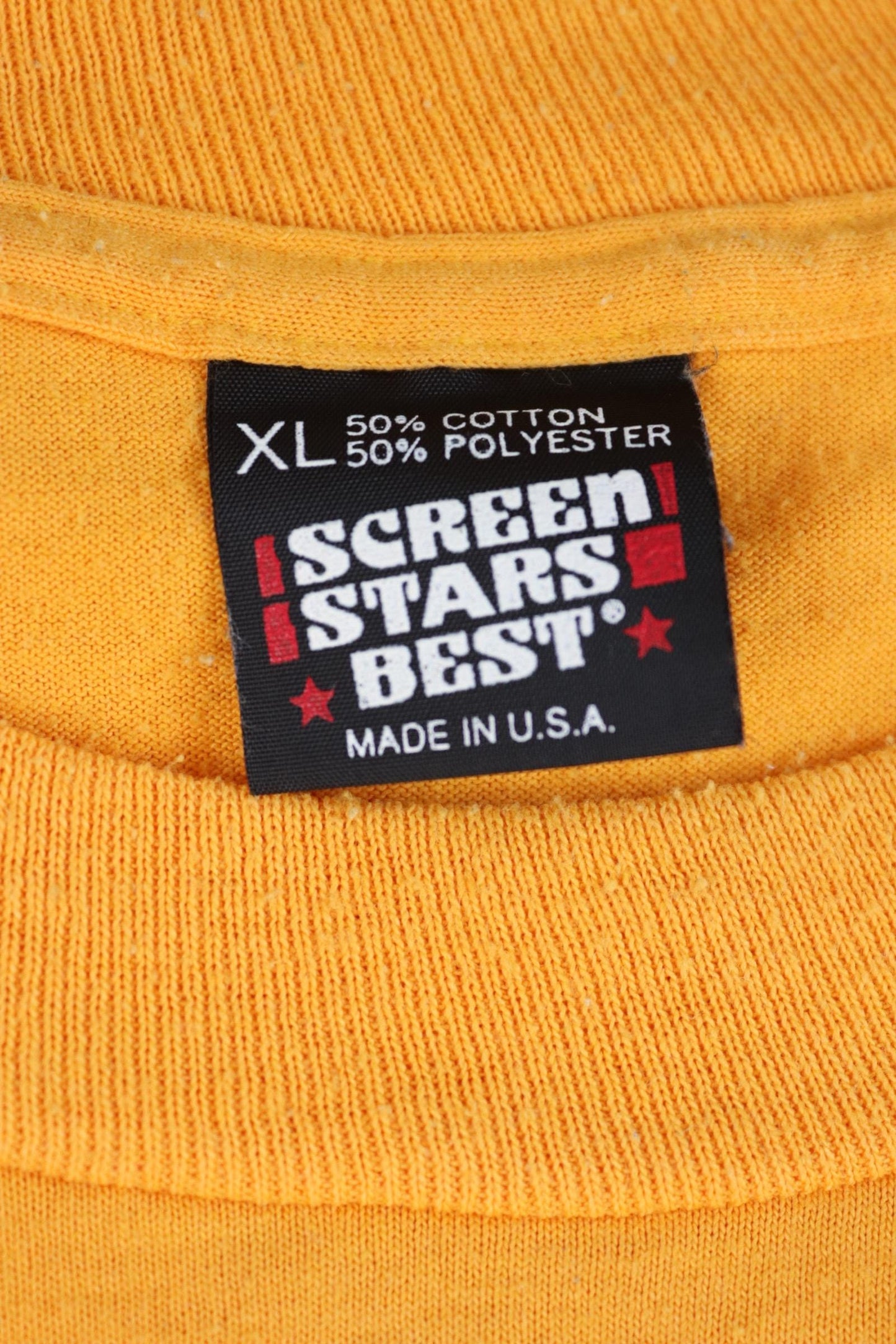 Vintage 1990s single stitch t shirt - golden yellow tee - flock print - 44” chest