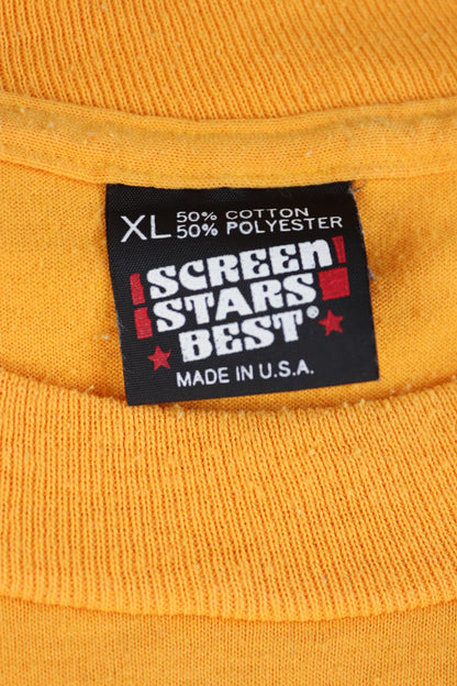 Vintage 1990s single stitch t shirt - golden yellow tee - flock print - 44” chest