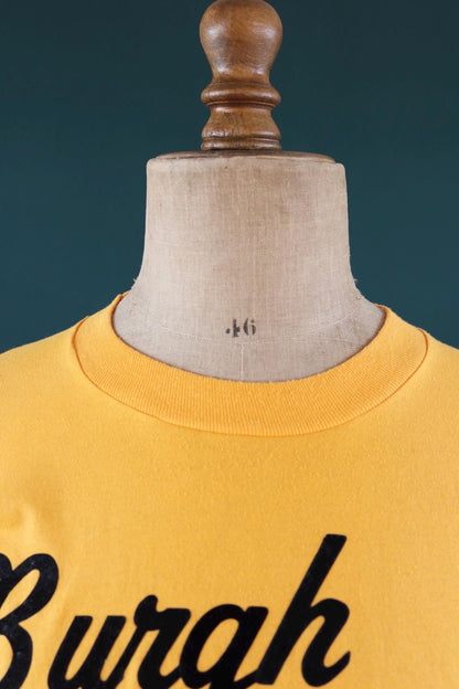 Vintage 1990s single stitch t shirt - golden yellow tee - flock print - 44” chest