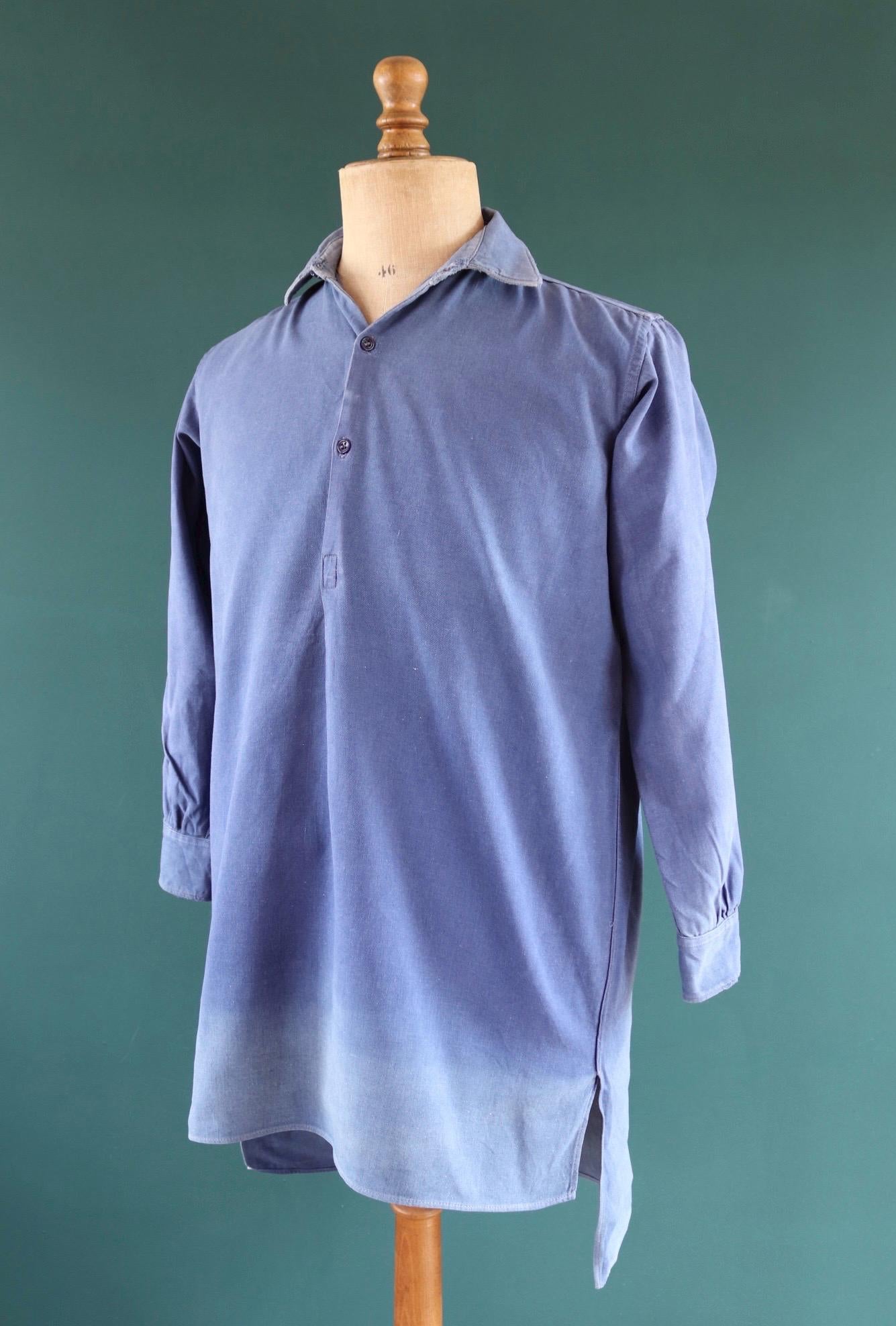 Vintage 1940s French workwear shirt - faded blue cotton - darned and repaired - 44” chest