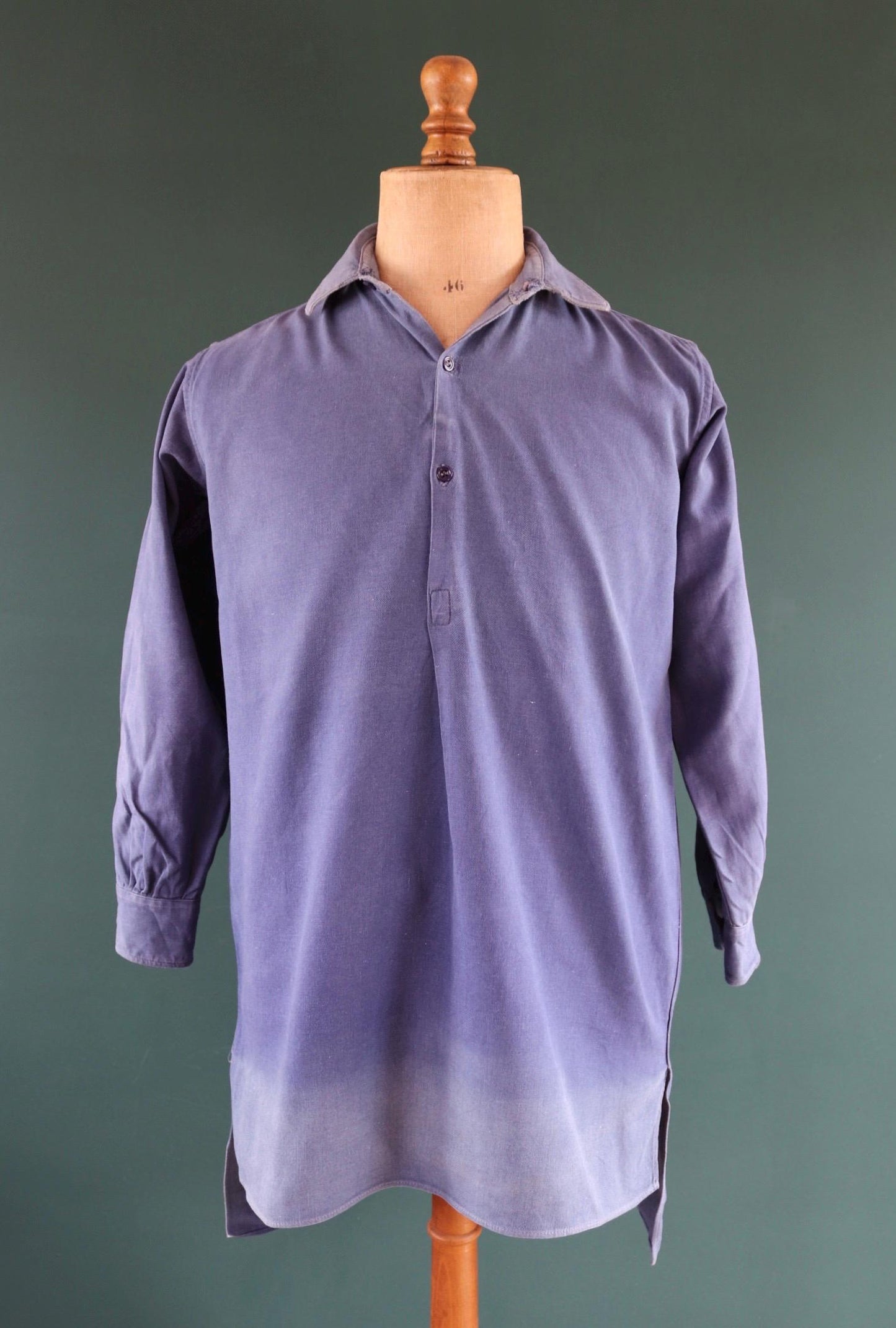 Vintage 1940s French workwear shirt - faded blue cotton - darned and repaired - 44” chest