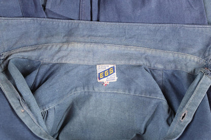 Vintage 1940s French workwear shirt - faded blue cotton - darned and repaired - 44” chest
