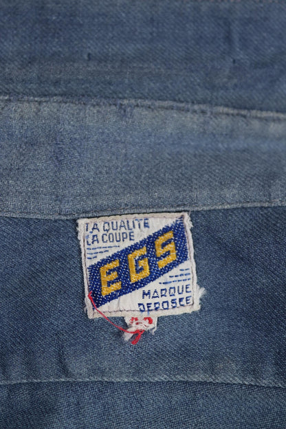 Vintage 1940s French workwear shirt - faded blue cotton - darned and repaired - 44” chest