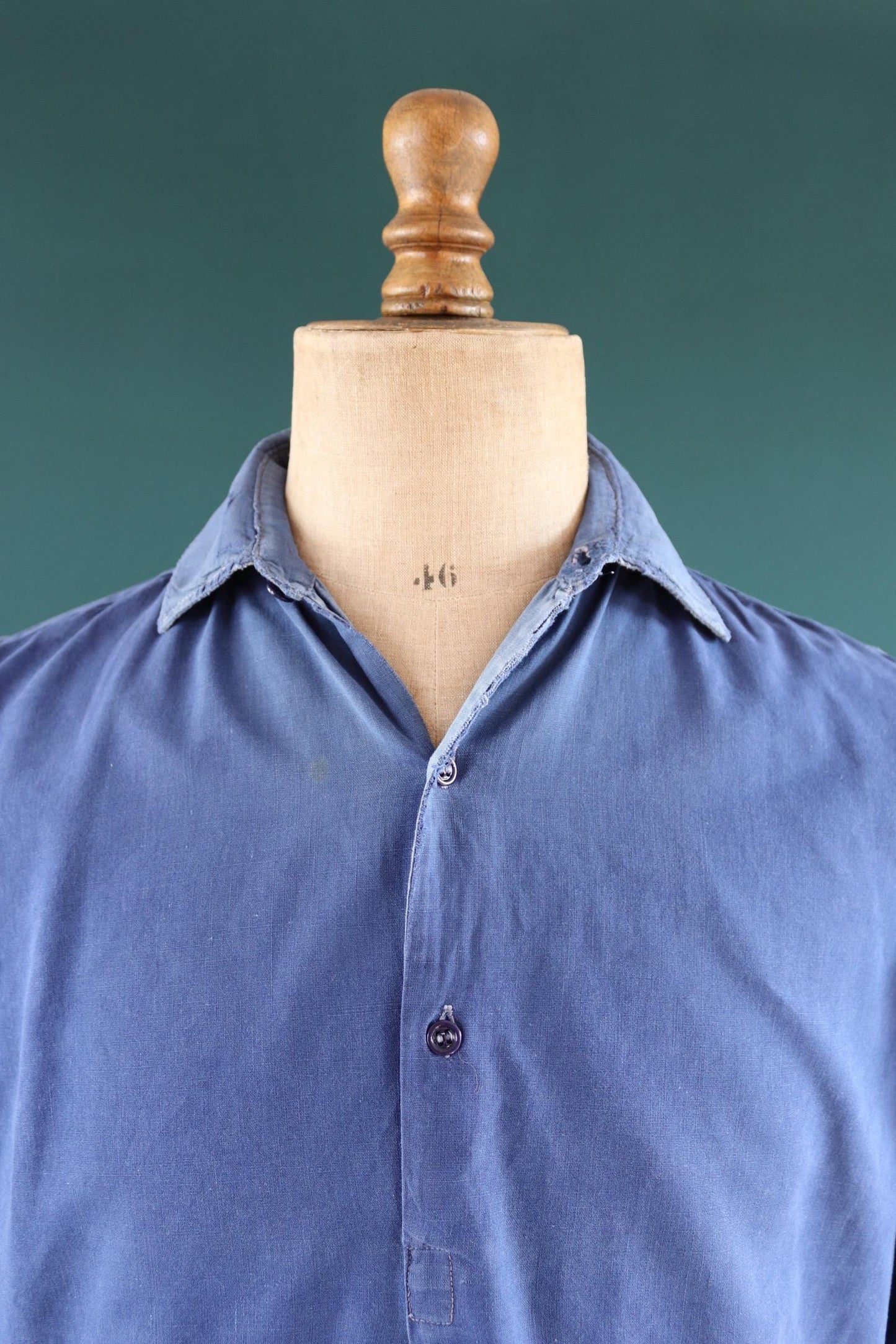 Vintage 1940s French workwear shirt - faded blue cotton - darned and repaired - 44” chest