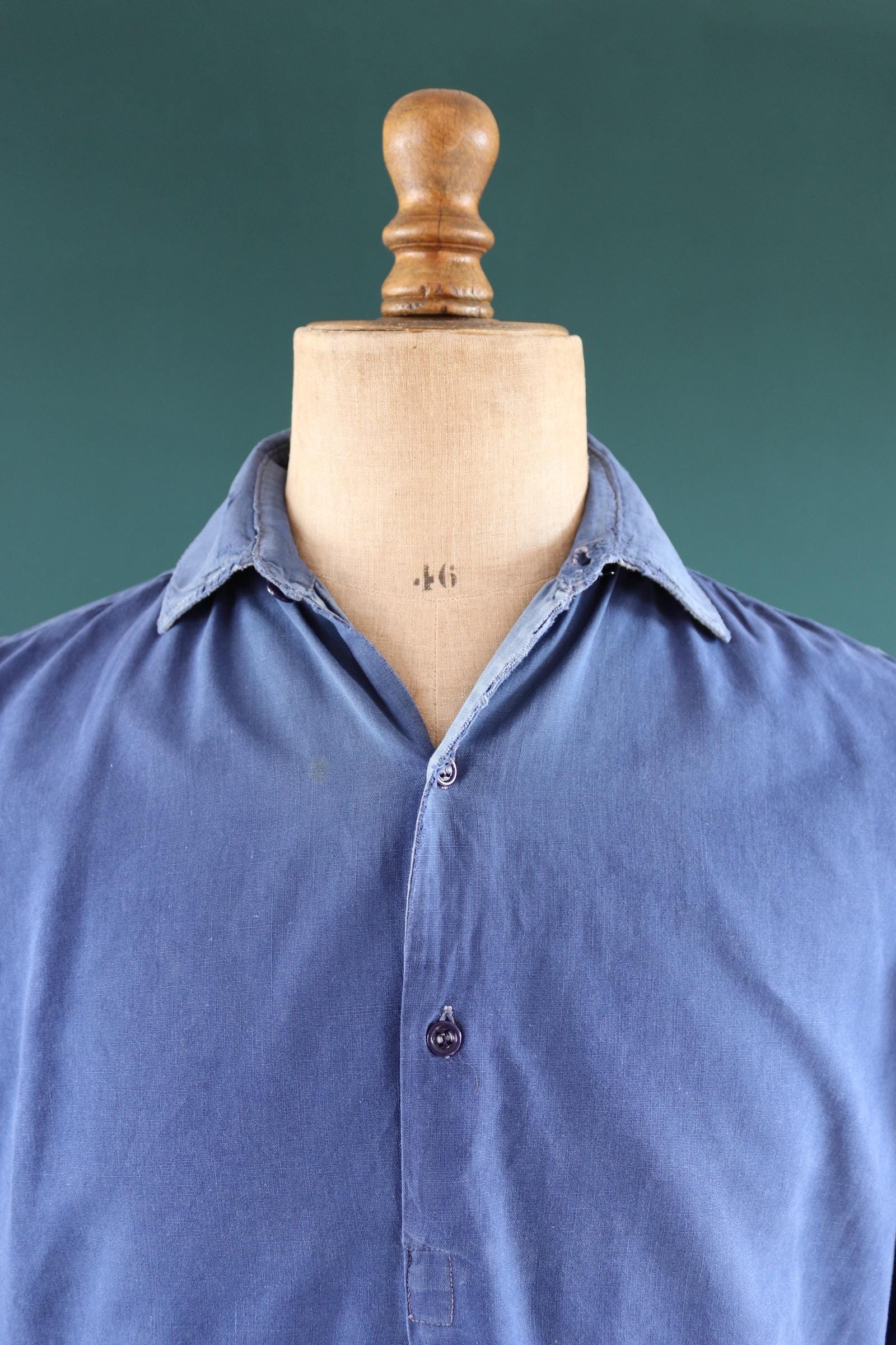 Vintage 1940s French workwear shirt - faded blue cotton - darned and repaired - 44” chest