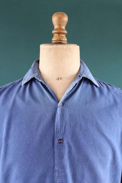 Vintage 1940s French workwear shirt - faded blue cotton - darned and repaired - 44” chest