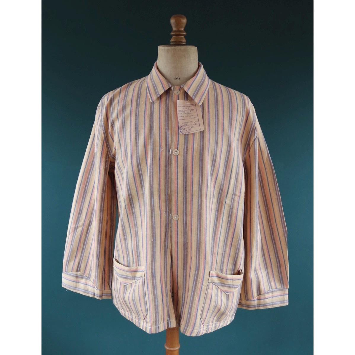 Vintage 1950s deadstock pyjama shirt - striped cotton Bulgarian jacket - 46” chest