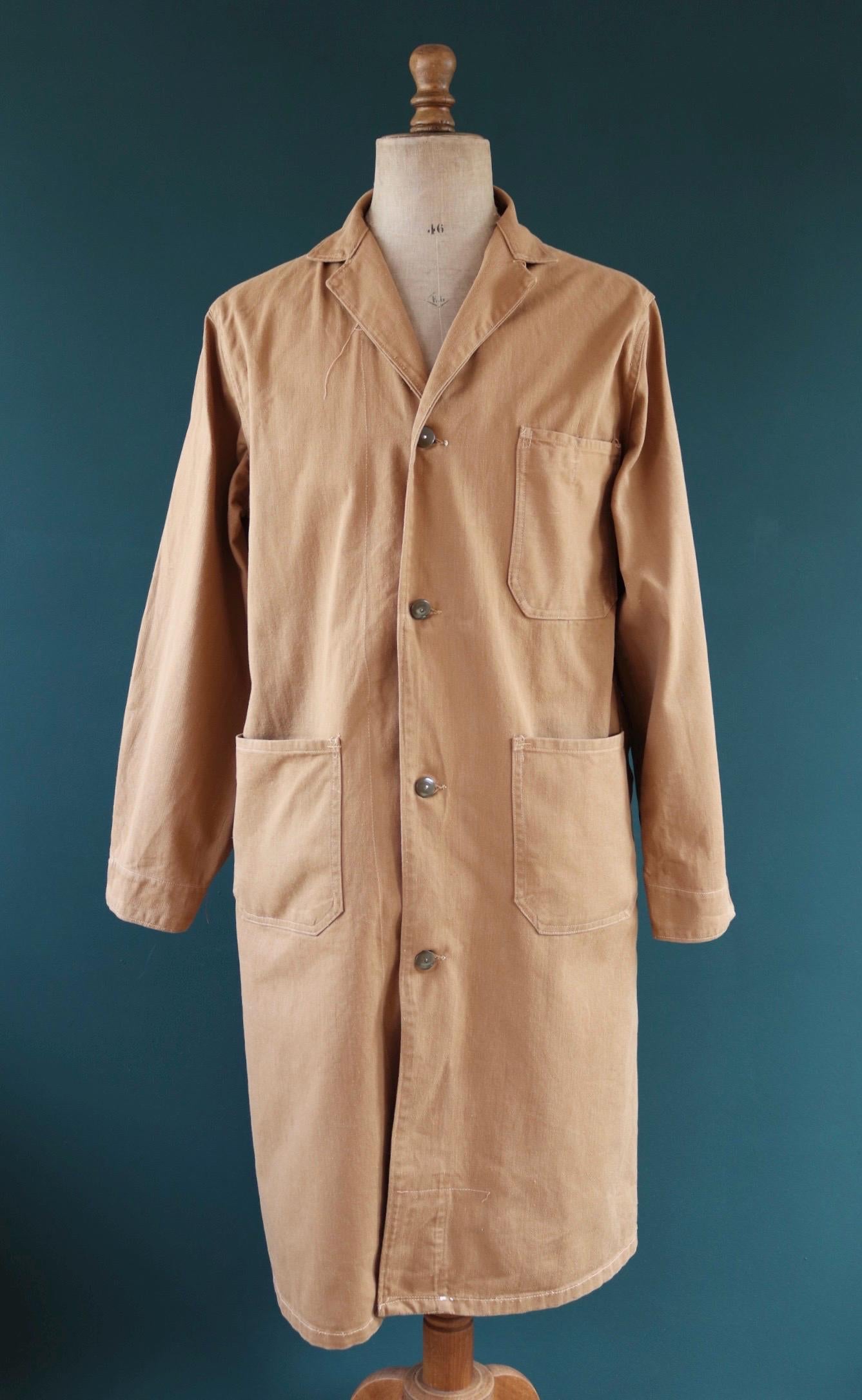 Vintage 1950s British workwear overalls - long brown cotton twill chore jacket - factory chore coat - 46” chest
