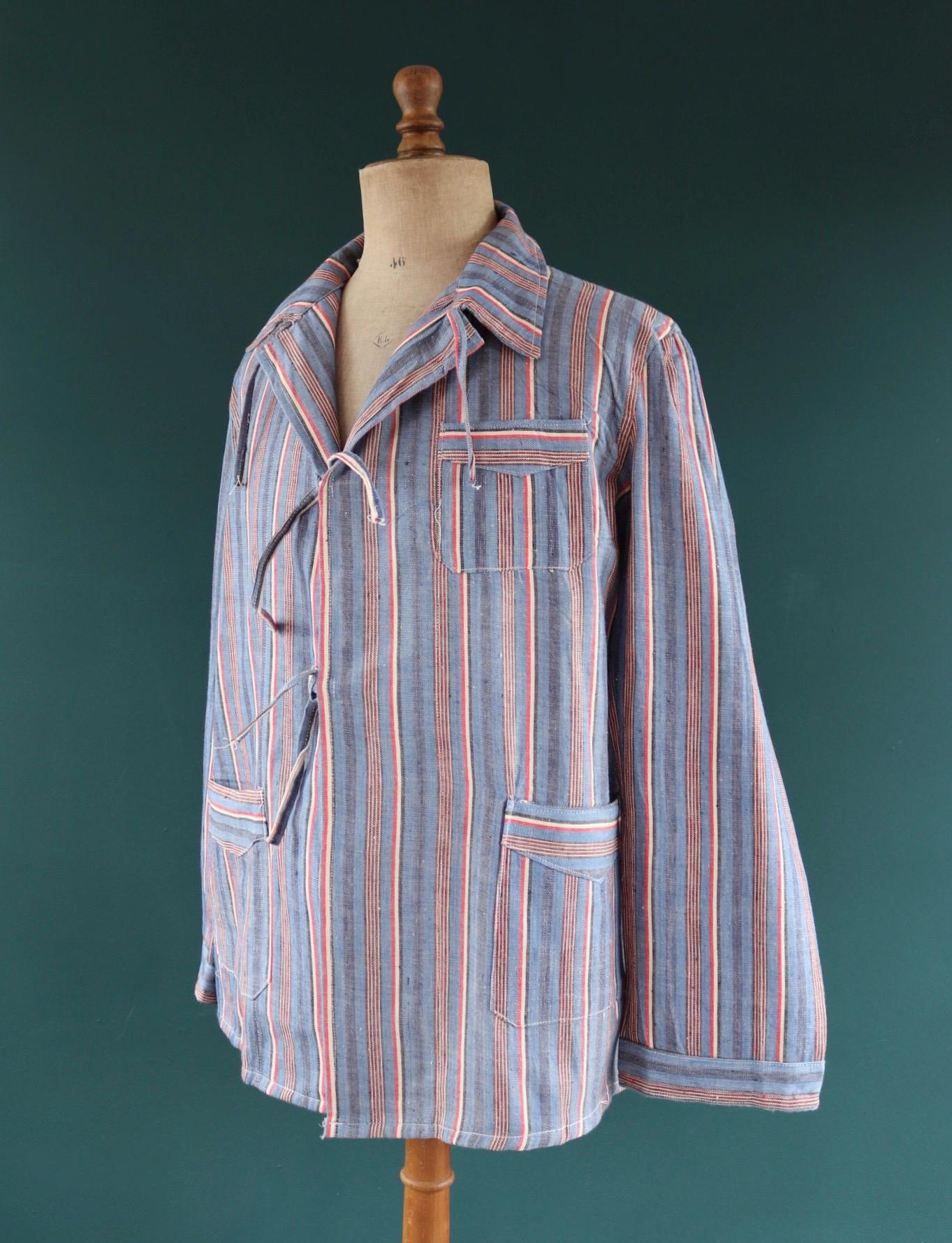 Vintage 1950s deadstock pyjama shirt - striped cotton Bulgarian jacket - 45” chest