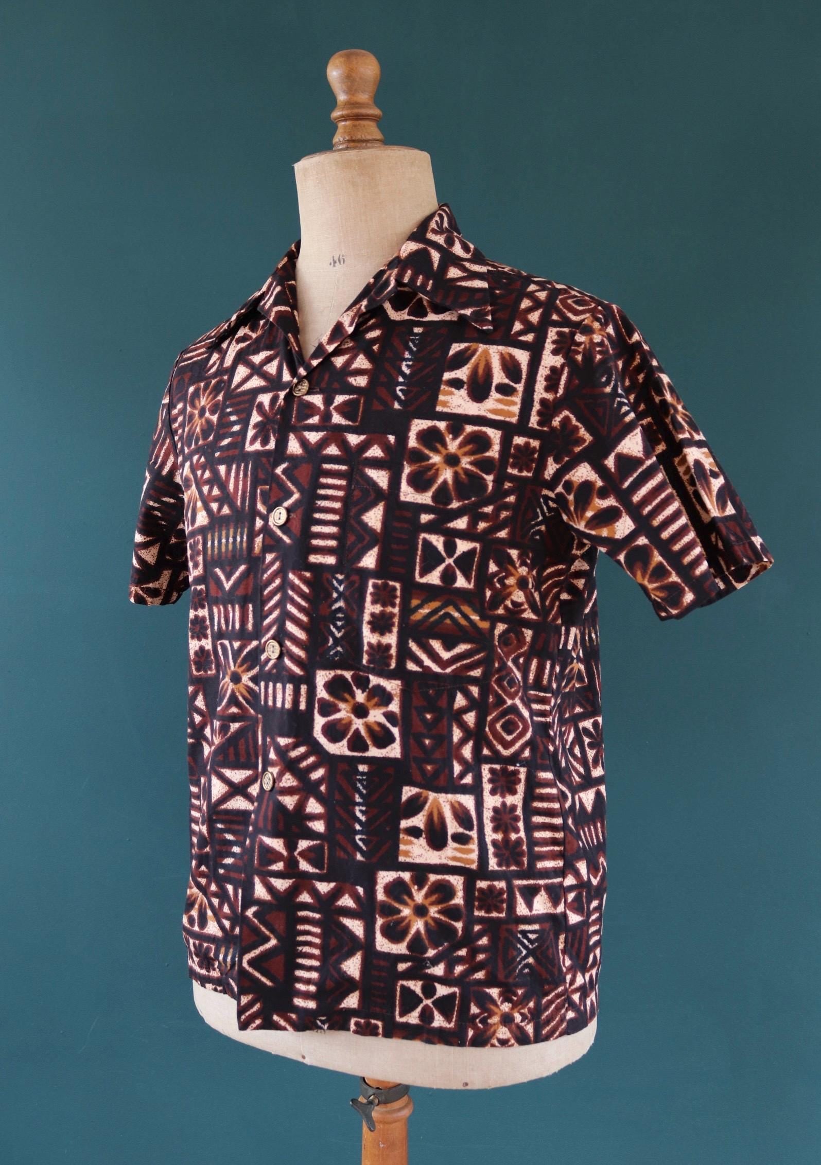 Vintage 1960s cotton Hawaiian shirt - tiki summer top - brown pattern - 42” chest