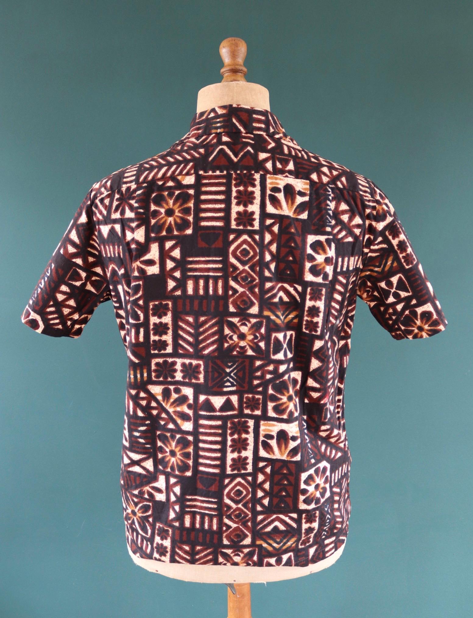Vintage 1960s cotton Hawaiian shirt - tiki summer top - brown pattern - 42” chest