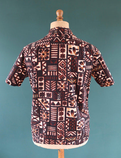 Vintage 1960s cotton Hawaiian shirt - tiki summer top - brown pattern - 42” chest