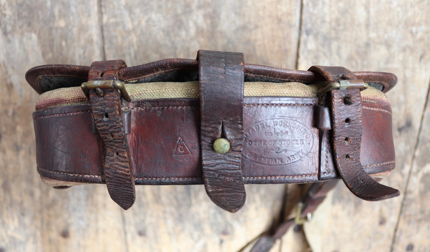 Antique WW1 British military shoulder bag - Egyptian Citadel Workshop Stores - canvas and leather satchel - 1910s haversack
