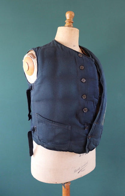 Antique 1900s kapok life jacket - vintage buoyancy aid - Miranda life vest - Peter Robinson Ltd - natural indigo - 40” chest
