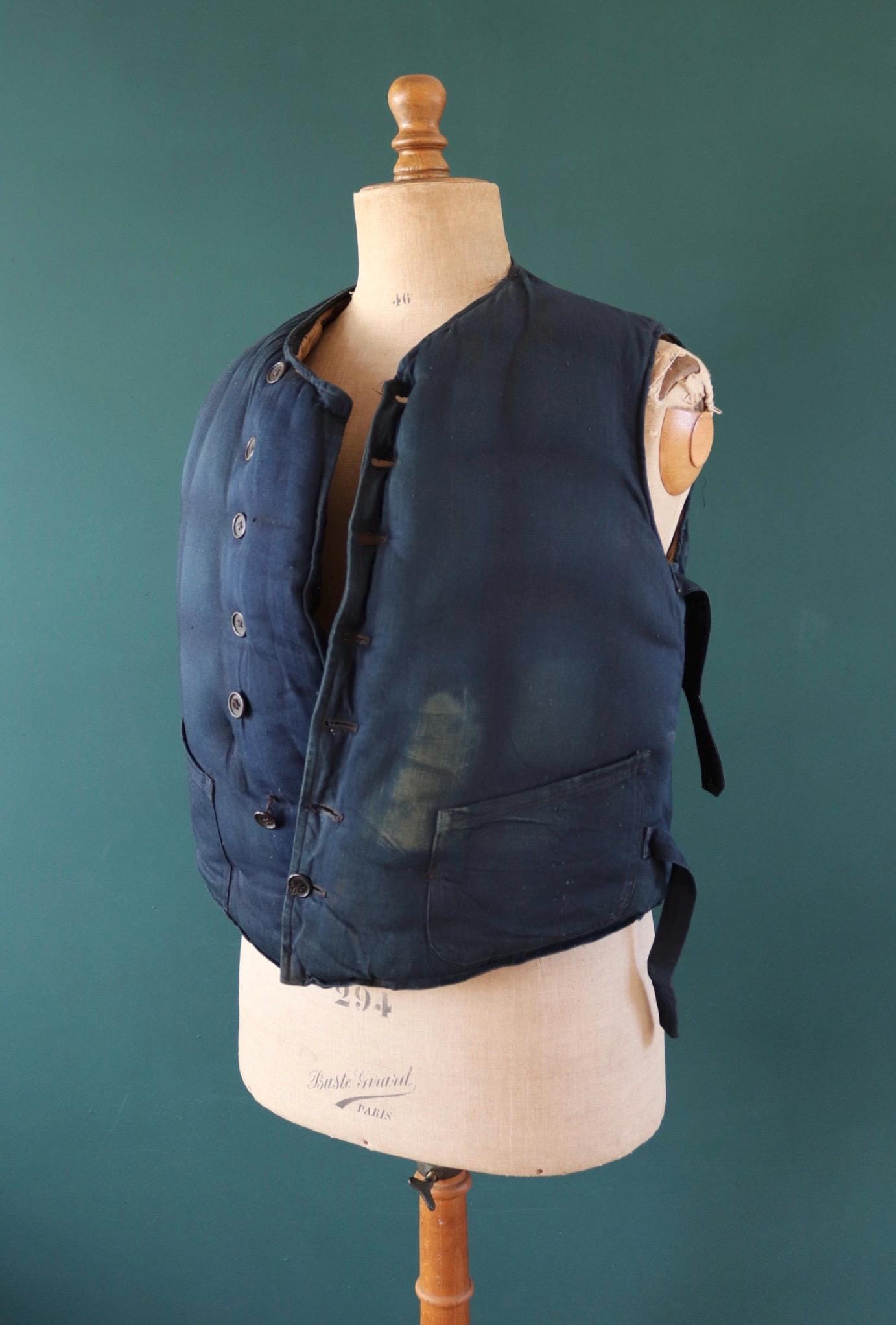 Antique 1900s kapok life jacket - vintage buoyancy aid - Miranda life vest - Peter Robinson Ltd - natural indigo - 40” chest