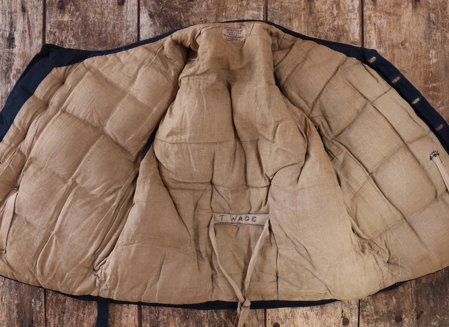 Antique 1900s kapok life jacket - vintage buoyancy aid - Miranda life vest - Peter Robinson Ltd - natural indigo - 40” chest