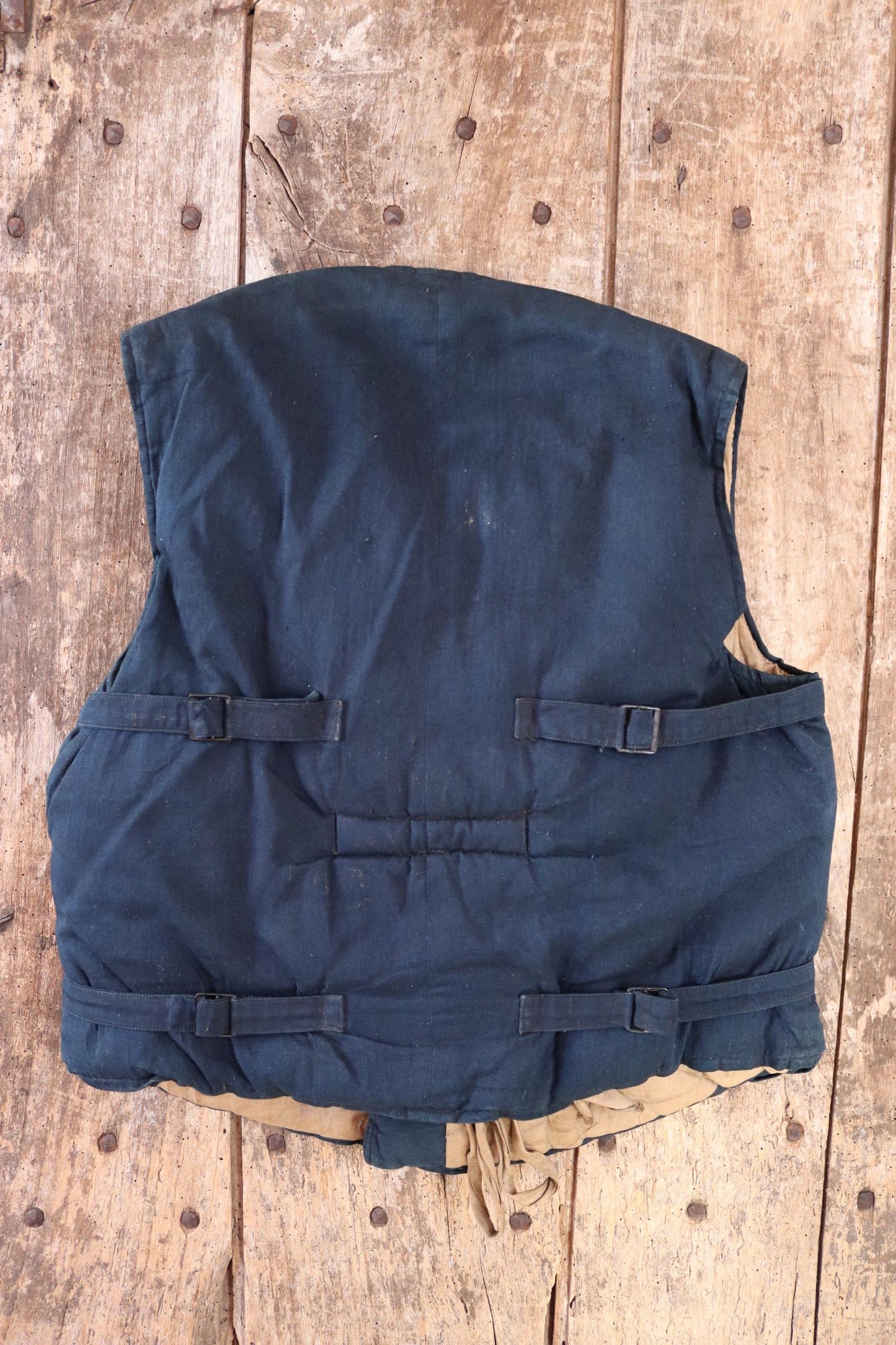 Antique 1900s kapok life jacket - vintage buoyancy aid - Miranda life vest - Peter Robinson Ltd - natural indigo - 40” chest
