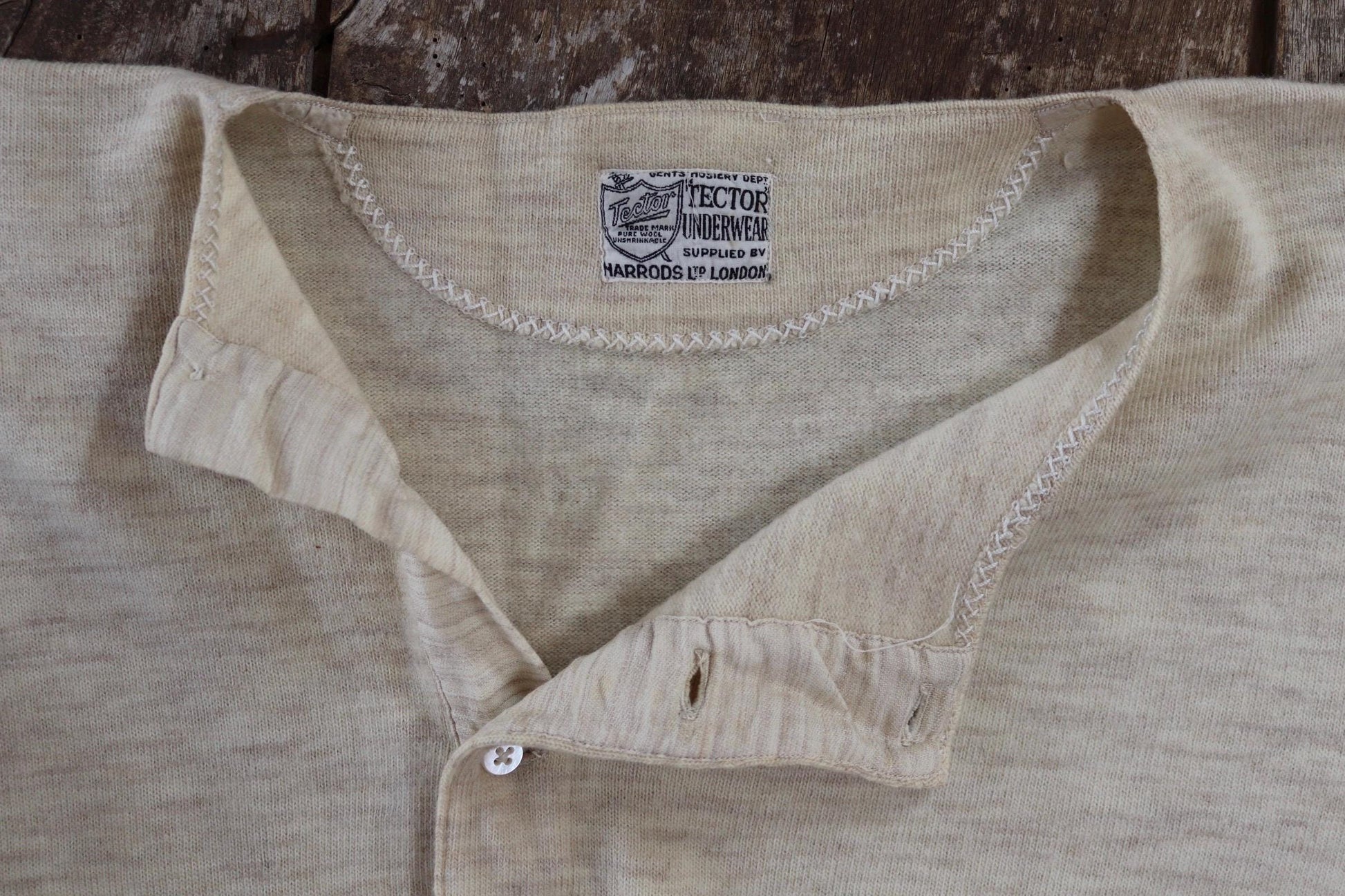 Vintage 1940s Harrods wool undershirt - WW2 clothing - Henley top - thermal layer - 40" chest