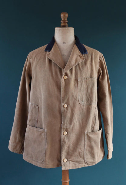Vintage 1940s British workwear jacket - brown cotton twill - factory coat - shop overalls - 45” chest