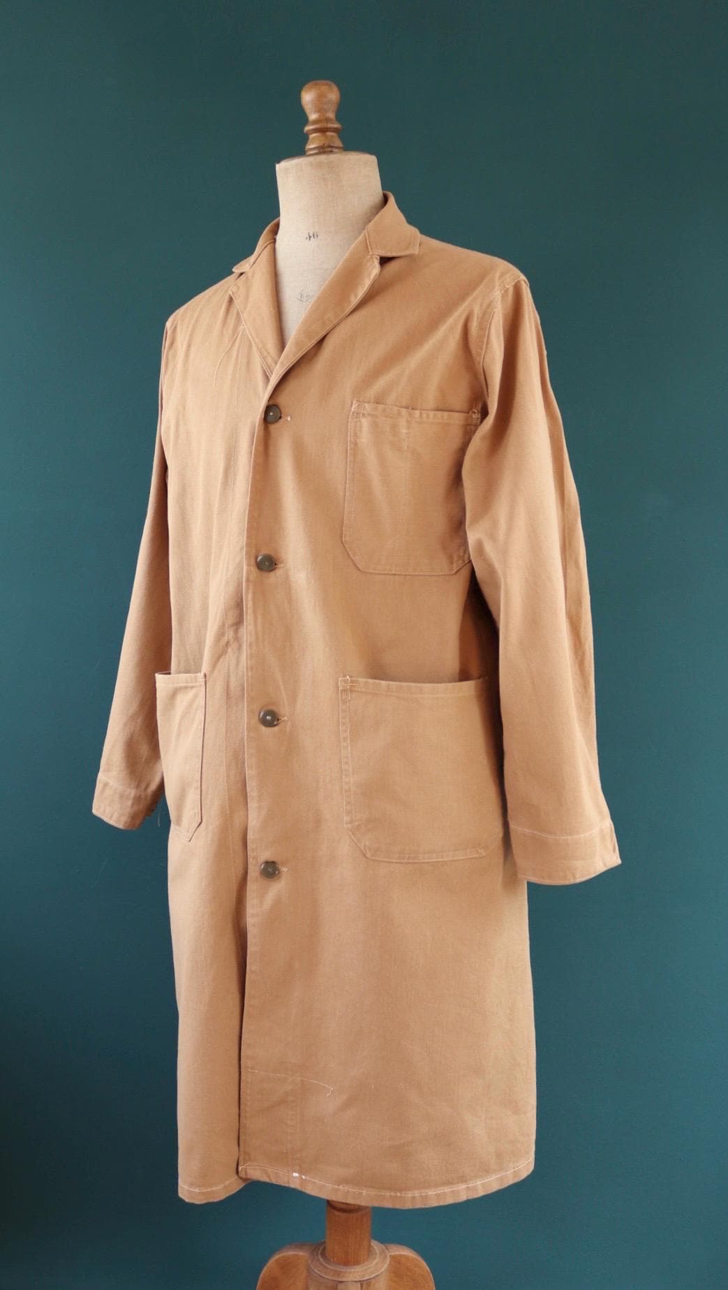 Vintage 1950s British workwear overalls - long brown cotton twill chore jacket - factory chore coat - 46” chest