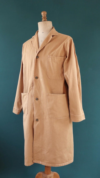 Vintage 1950s British workwear overalls - long brown cotton twill chore jacket - factory chore coat - 46” chest