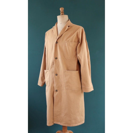 Vintage 1950s British workwear overalls - long brown cotton twill chore jacket - factory chore coat - 46” chest