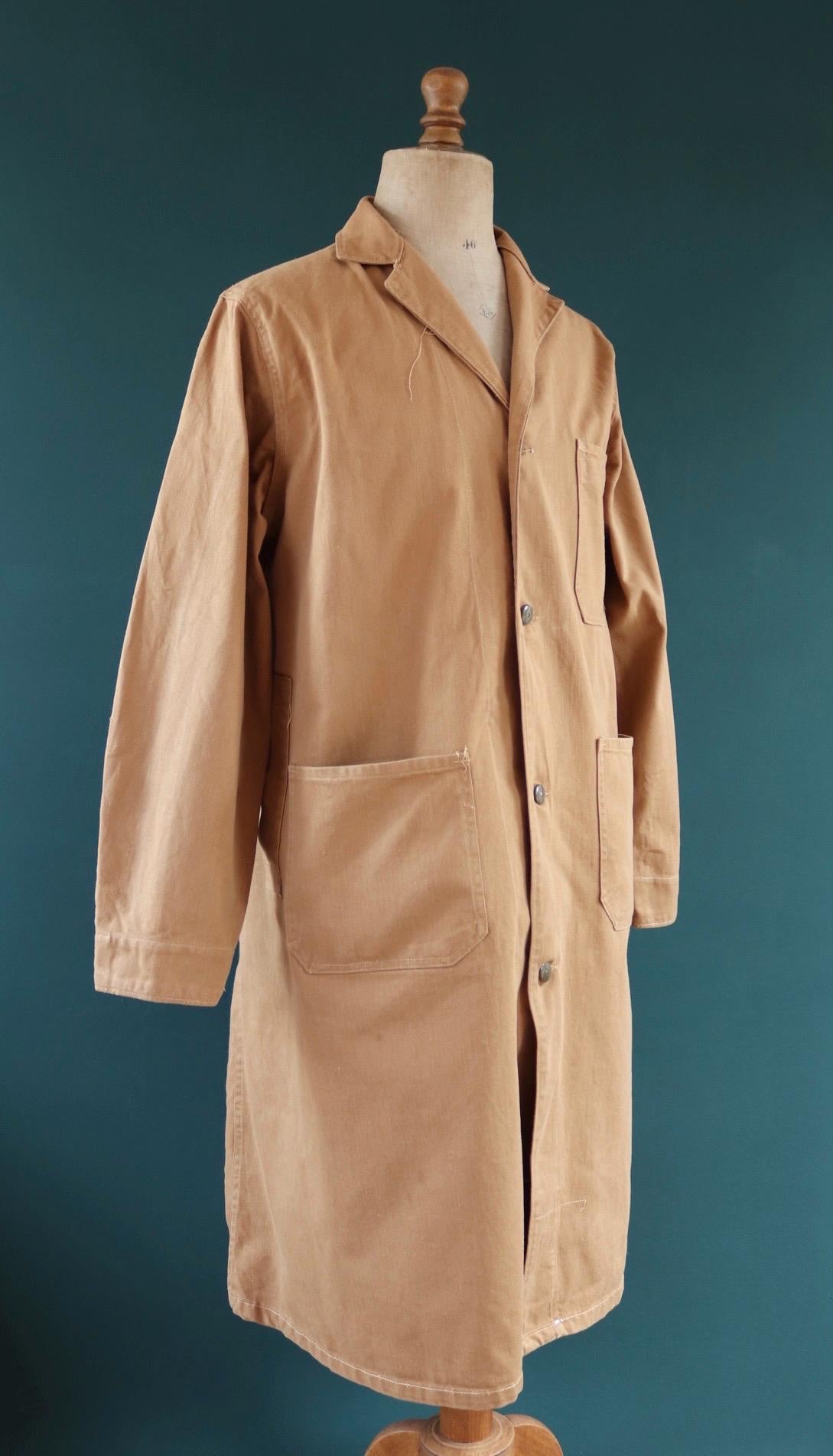 Vintage 1950s British workwear overalls - long brown cotton twill chore jacket - factory chore coat - 46” chest