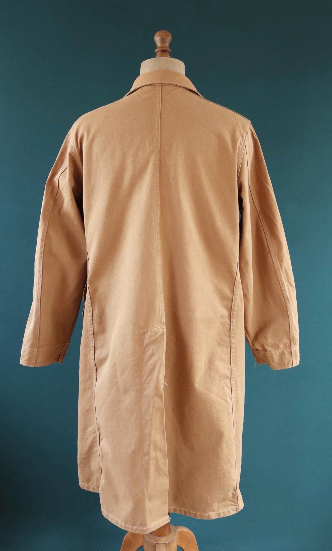 Vintage 1950s British workwear overalls - long brown cotton twill chore jacket - factory chore coat - 46” chest