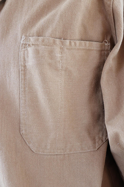 Vintage 1950s British workwear overalls - long brown cotton twill chore jacket - factory chore coat - 46” chest
