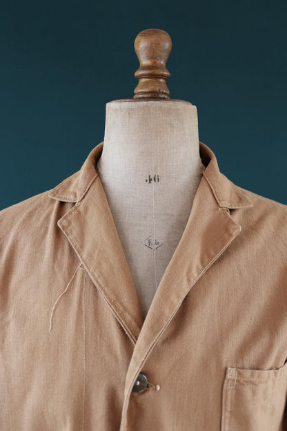 Vintage 1950s British workwear overalls - long brown cotton twill chore jacket - factory chore coat - 46” chest