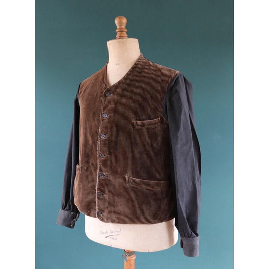 Vintage 1930s French corduroy gilet jacket - buckle back workwear - 42" chest