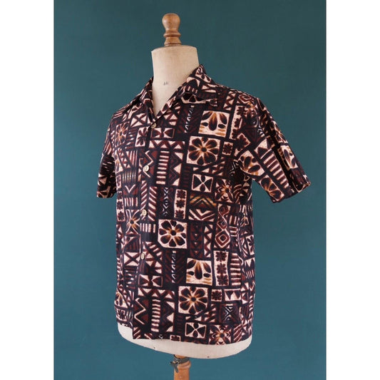Vintage 1960s cotton Hawaiian shirt - tiki summer top - brown pattern - 42” chest